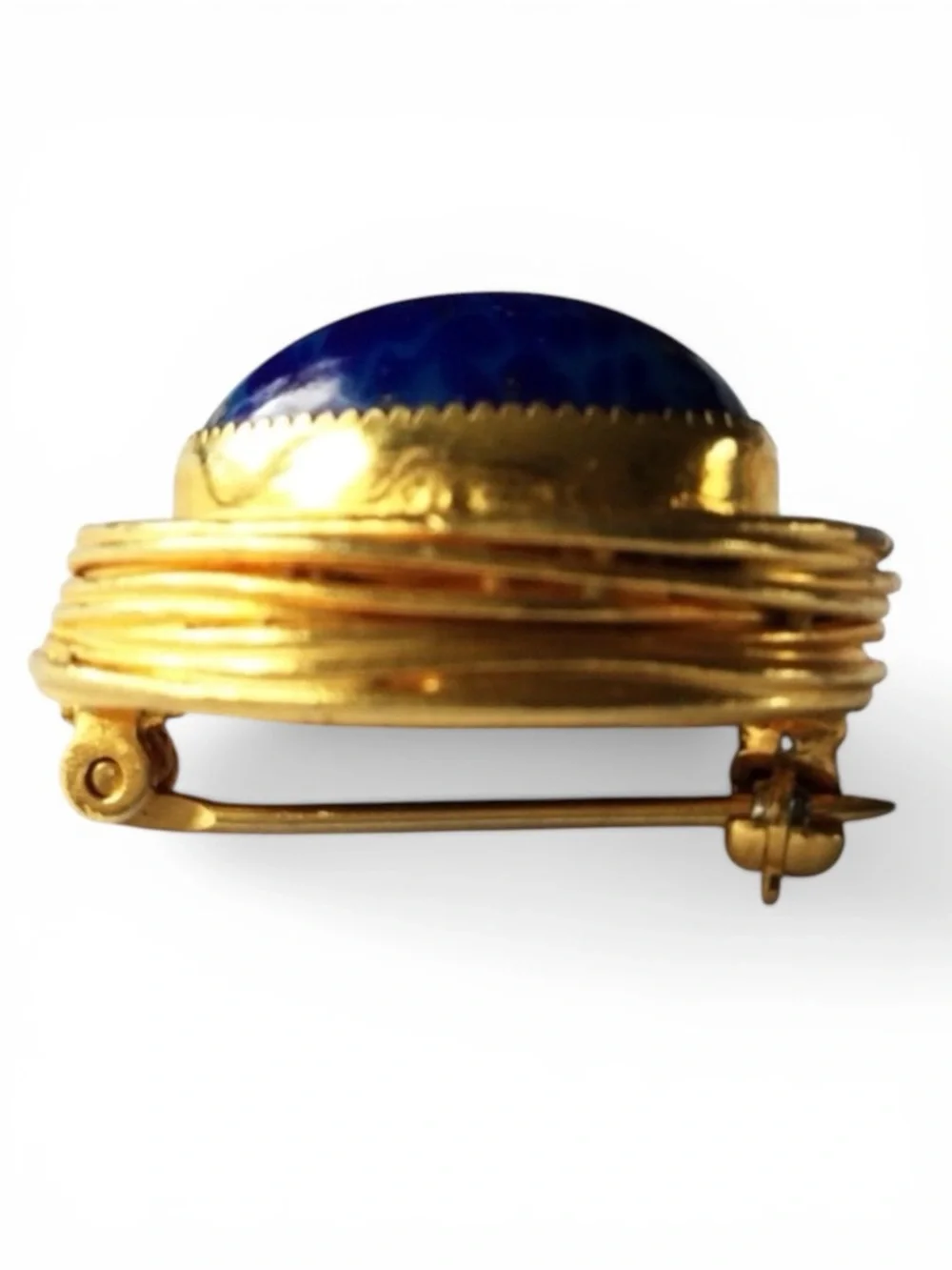 Vintage Brutalist Gold‑Tone Brooch - Blue Agate Cabochon & Gold Flecks - Picture 11 of 13
